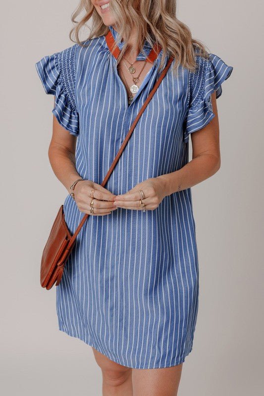 Leah Stripe Frilly Split Neck Shirred Ruffle Sleev - Blu Lotus Boutique