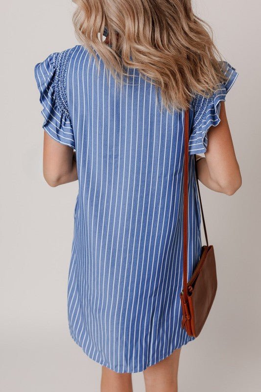 Leah Stripe Frilly Split Neck Shirred Ruffle Sleev - Blu Lotus Boutique