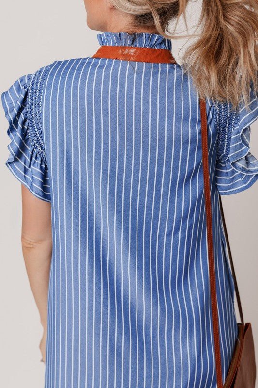 Leah Stripe Frilly Split Neck Shirred Ruffle Sleev - Blu Lotus Boutique