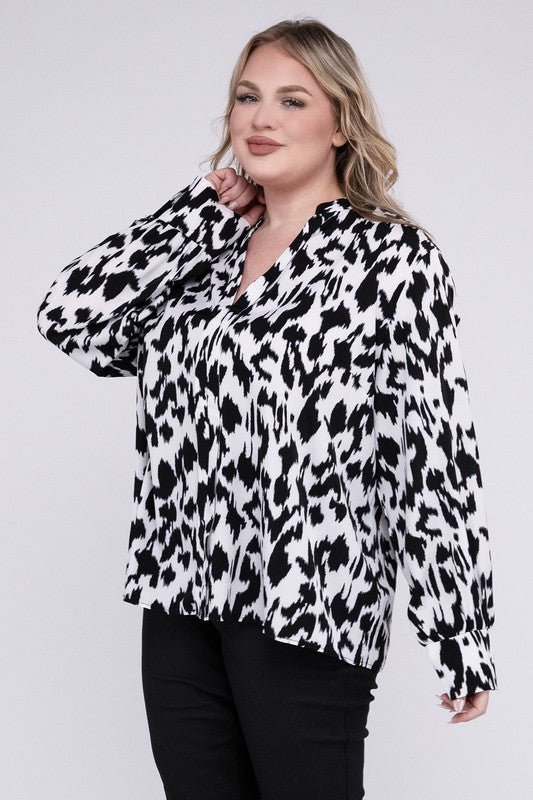 Leopard Notched Neckline Blouse - Blu Lotus Boutique