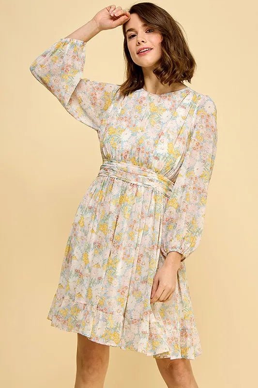 Lime 'N' Chili Chiffon Floral Print Belted Dress with Back Zipper - Blu Lotus Boutique