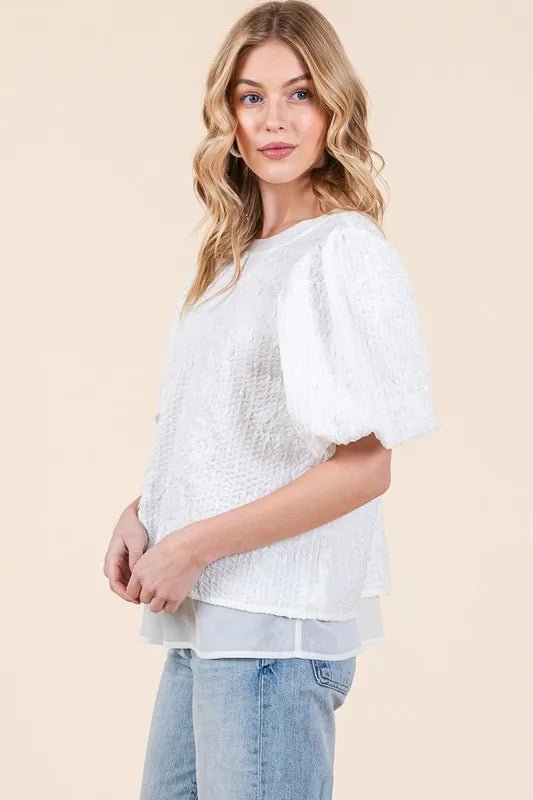 Lime 'N' Chili Floral Textured Puff Sleeve Top - Blu Lotus Boutique