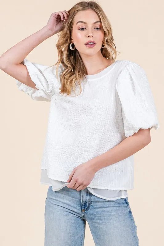 Lime 'N' Chili Floral Textured Puff Sleeve Top - Blu Lotus Boutique