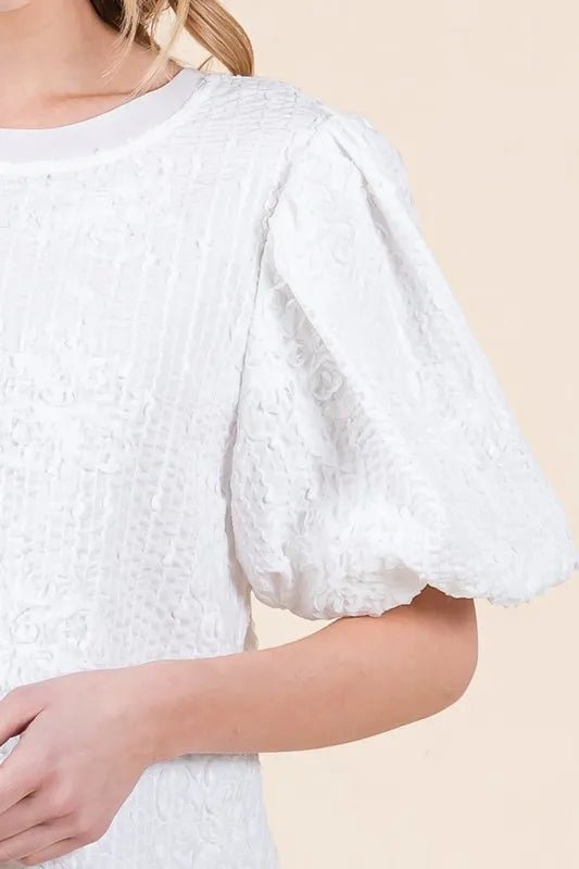 Lime 'N' Chili Floral Textured Puff Sleeve Top - Blu Lotus Boutique