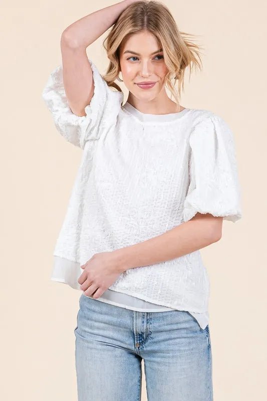 Lime 'N' Chili Floral Textured Puff Sleeve Top - Blu Lotus Boutique