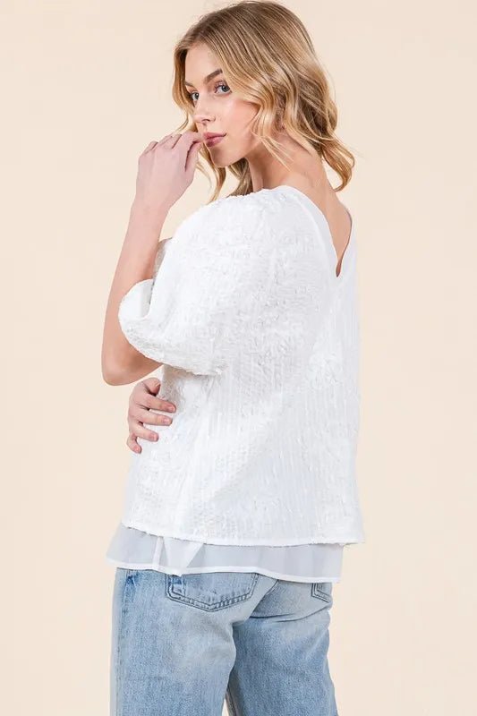 Lime 'N' Chili Floral Textured Puff Sleeve Top - Blu Lotus Boutique