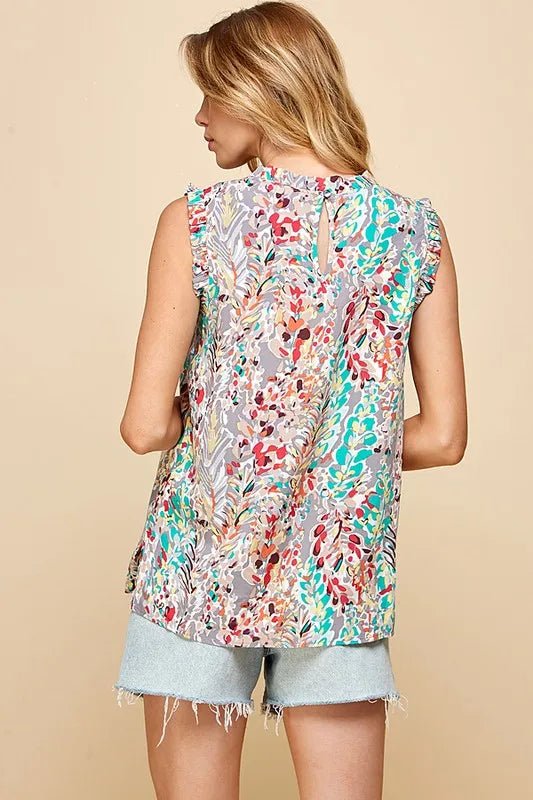 Lime 'N' Chili Full Size Graphic Print Ruffle Trim Mock Neck Sleeveless Top Plus Size - Blu Lotus Boutique