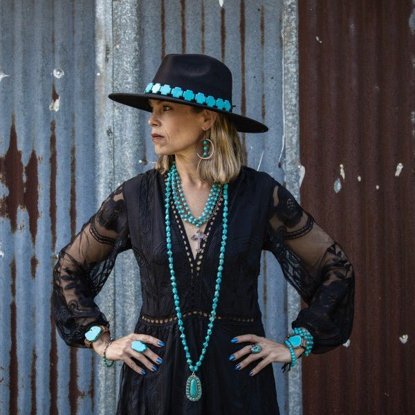 Long Western Turqu Necklace w Squash Blossom Penda - Blu Lotus Boutique