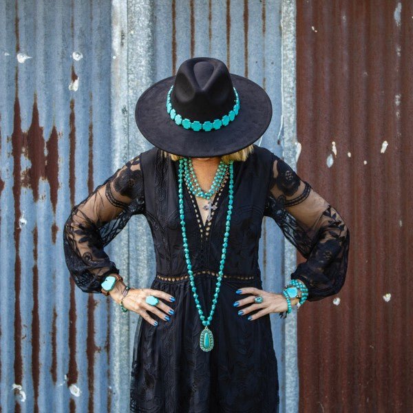 Long Western Turqu Necklace w Squash Blossom Penda - Blu Lotus Boutique