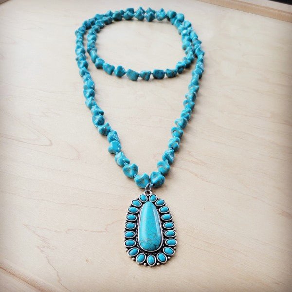 Long Western Turqu Necklace w Squash Blossom Penda - Blu Lotus Boutique