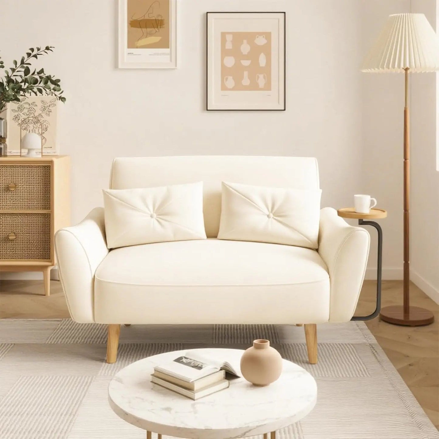 Loveseat Sofa, 47" Velvet Couch for Bedroom, Convertible Wooden Tray & Ergonomic Armrest, for Small Space, Apartment - Blu Lotus Boutique