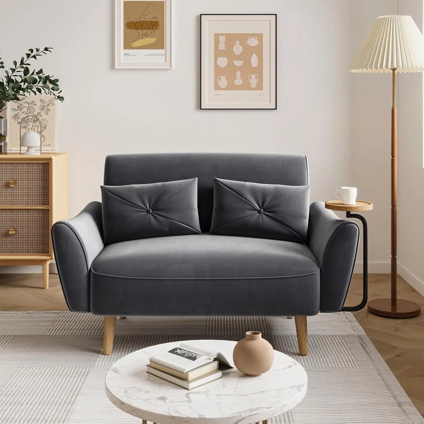 Loveseat Sofa, 47" Velvet Couch for Bedroom, Convertible Wooden Tray & Ergonomic Armrest, for Small Space, Apartment - Blu Lotus Boutique