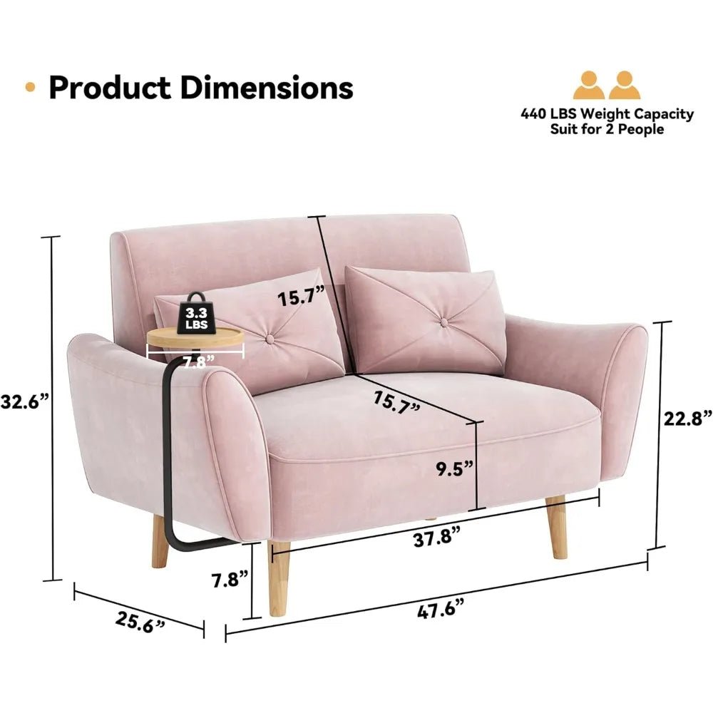 Loveseat Sofa, 47" Velvet Couch for Bedroom, Convertible Wooden Tray & Ergonomic Armrest, for Small Space, Apartment - Blu Lotus Boutique