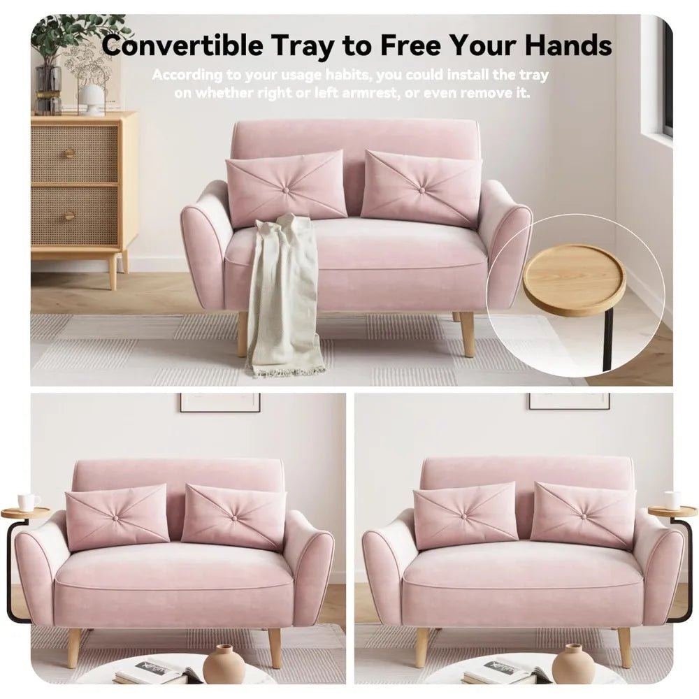 Loveseat Sofa, 47" Velvet Couch for Bedroom, Convertible Wooden Tray & Ergonomic Armrest, for Small Space, Apartment - Blu Lotus Boutique