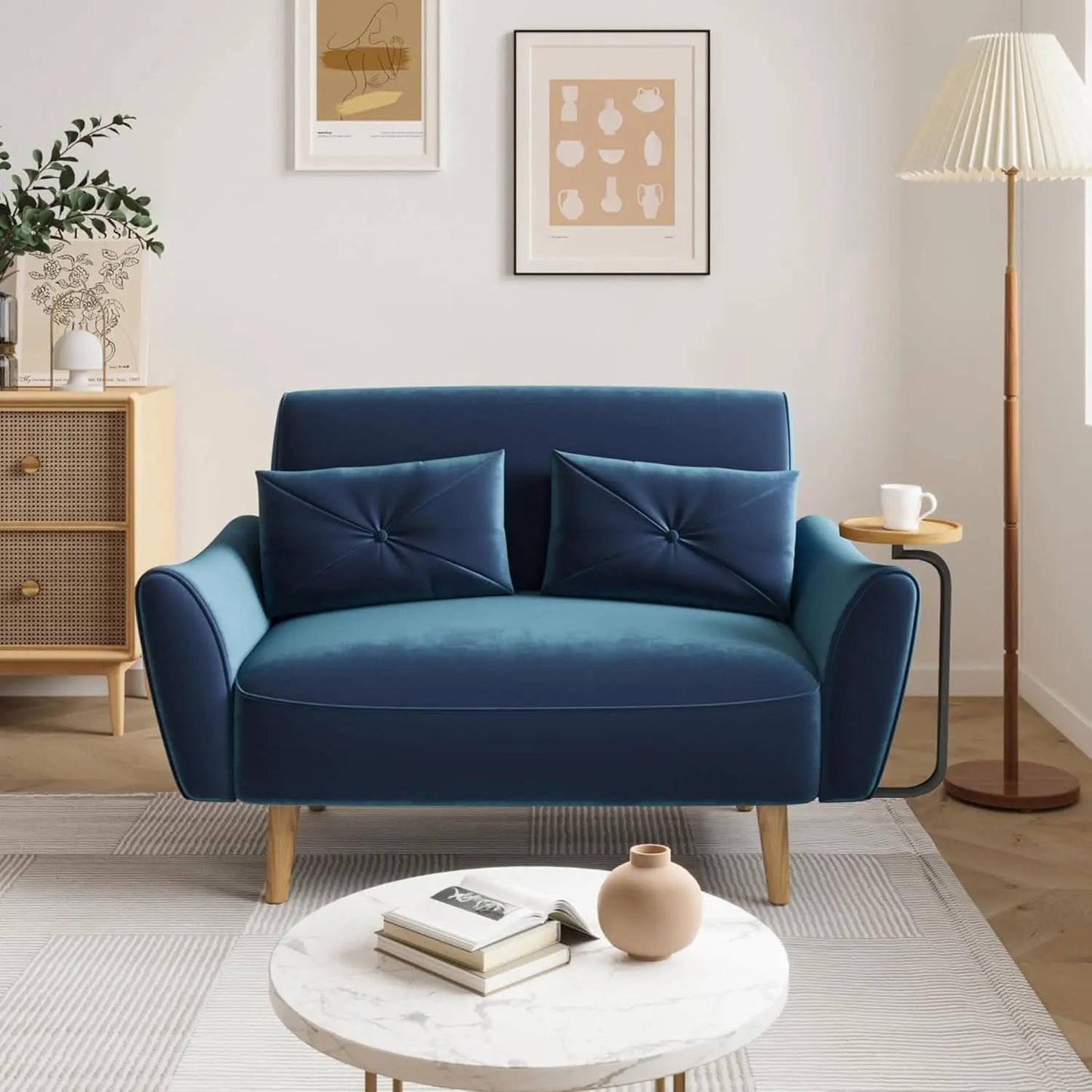Loveseat Sofa, 47" Velvet Couch for Bedroom, Convertible Wooden Tray & Ergonomic Armrest, for Small Space, Apartment - Blu Lotus Boutique