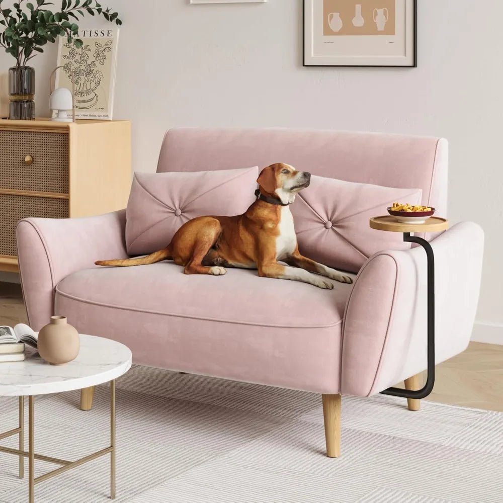 Loveseat Sofa, 47" Velvet Couch for Bedroom, Convertible Wooden Tray & Ergonomic Armrest, for Small Space, Apartment - Blu Lotus Boutique