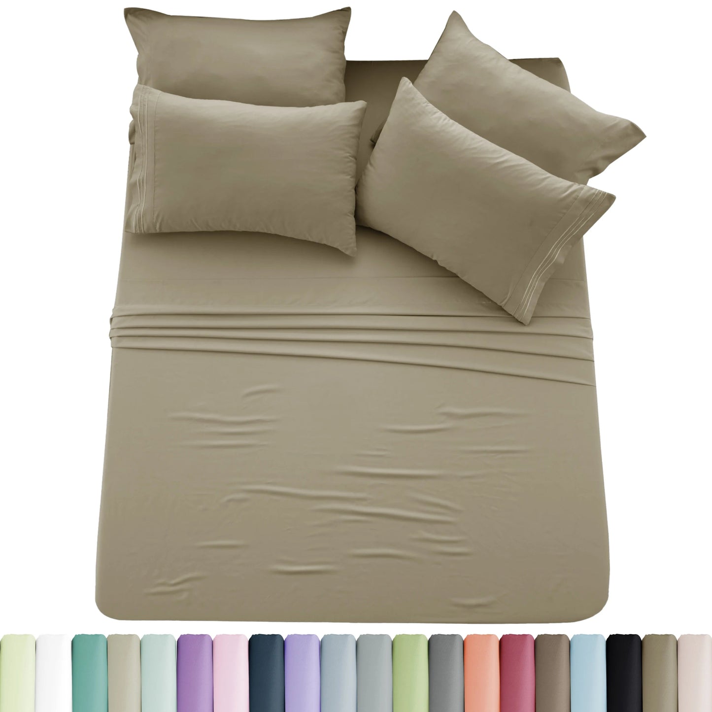 Lux Décor 6pc Solid Sheet Set - Brushed Microfiber Bed Sheets 16 Inches Deep Pockets - Embroidered & Plain Pillowcases - Blu Lotus Boutique