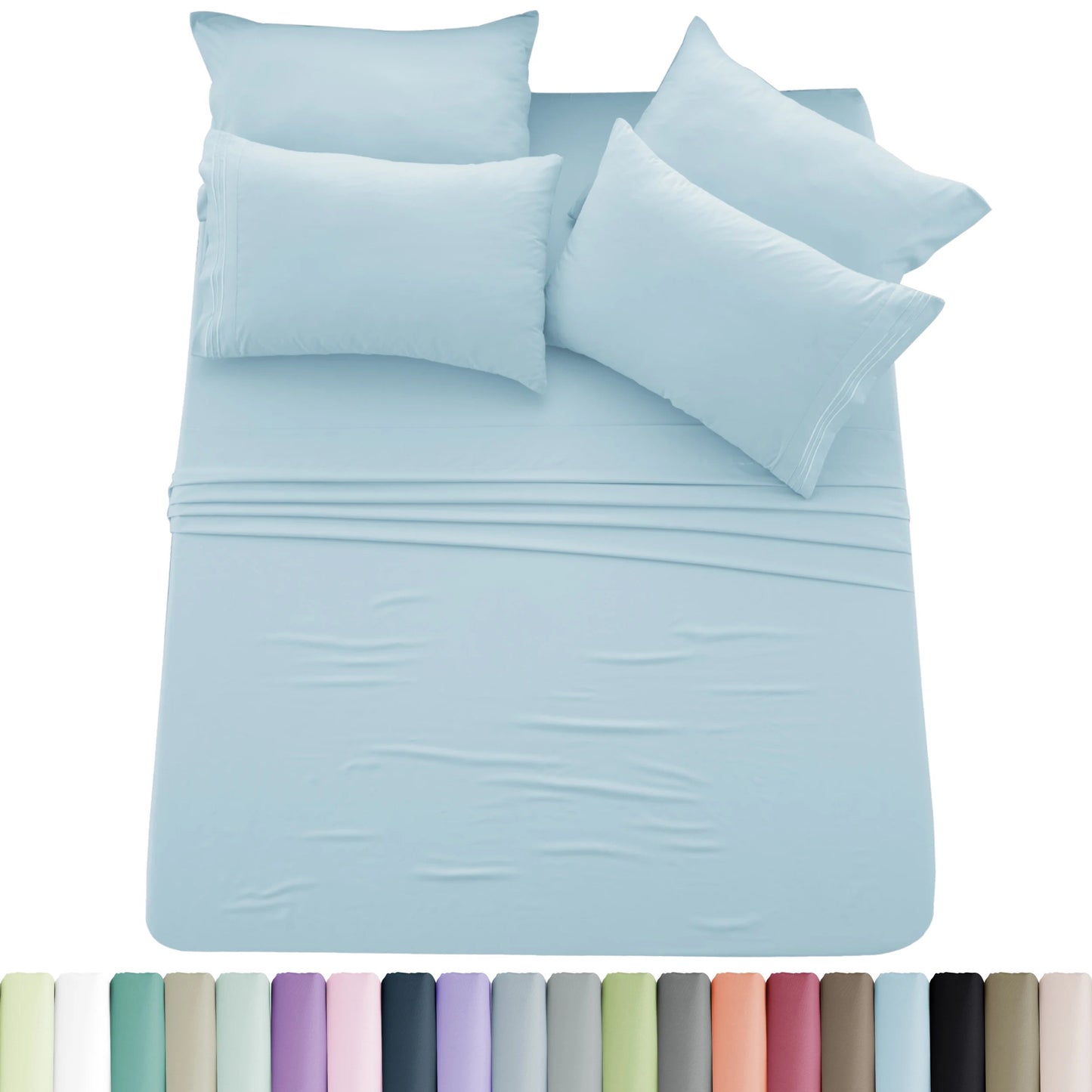 Lux Décor 6pc Solid Sheet Set - Brushed Microfiber Bed Sheets 16 Inches Deep Pockets - Embroidered & Plain Pillowcases - Blu Lotus Boutique