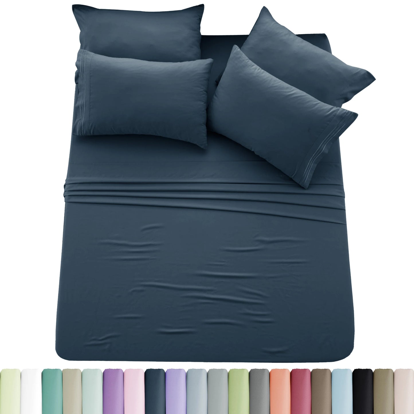 Lux Décor 6pc Solid Sheet Set - Brushed Microfiber Bed Sheets 16 Inches Deep Pockets - Embroidered & Plain Pillowcases - Blu Lotus Boutique