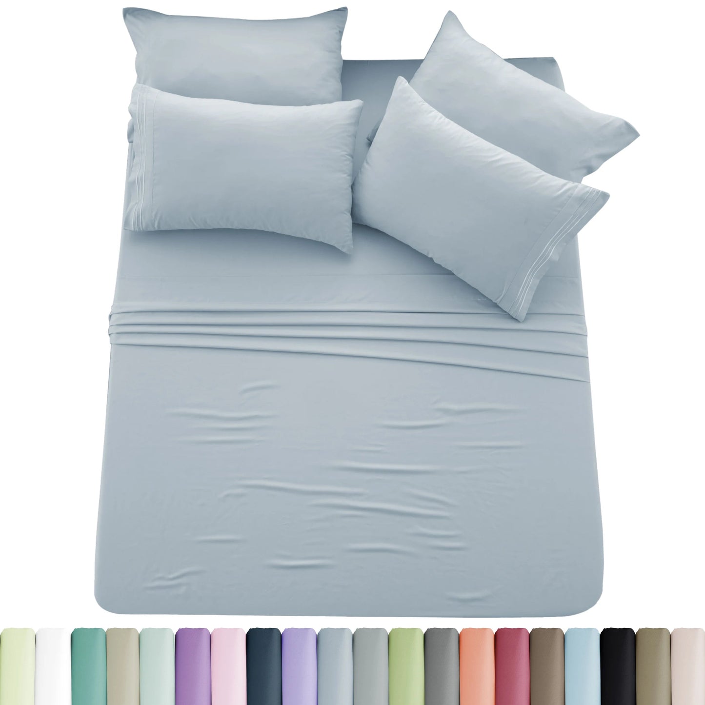 Lux Décor 6pc Solid Sheet Set - Brushed Microfiber Bed Sheets 16 Inches Deep Pockets - Embroidered & Plain Pillowcases - Blu Lotus Boutique