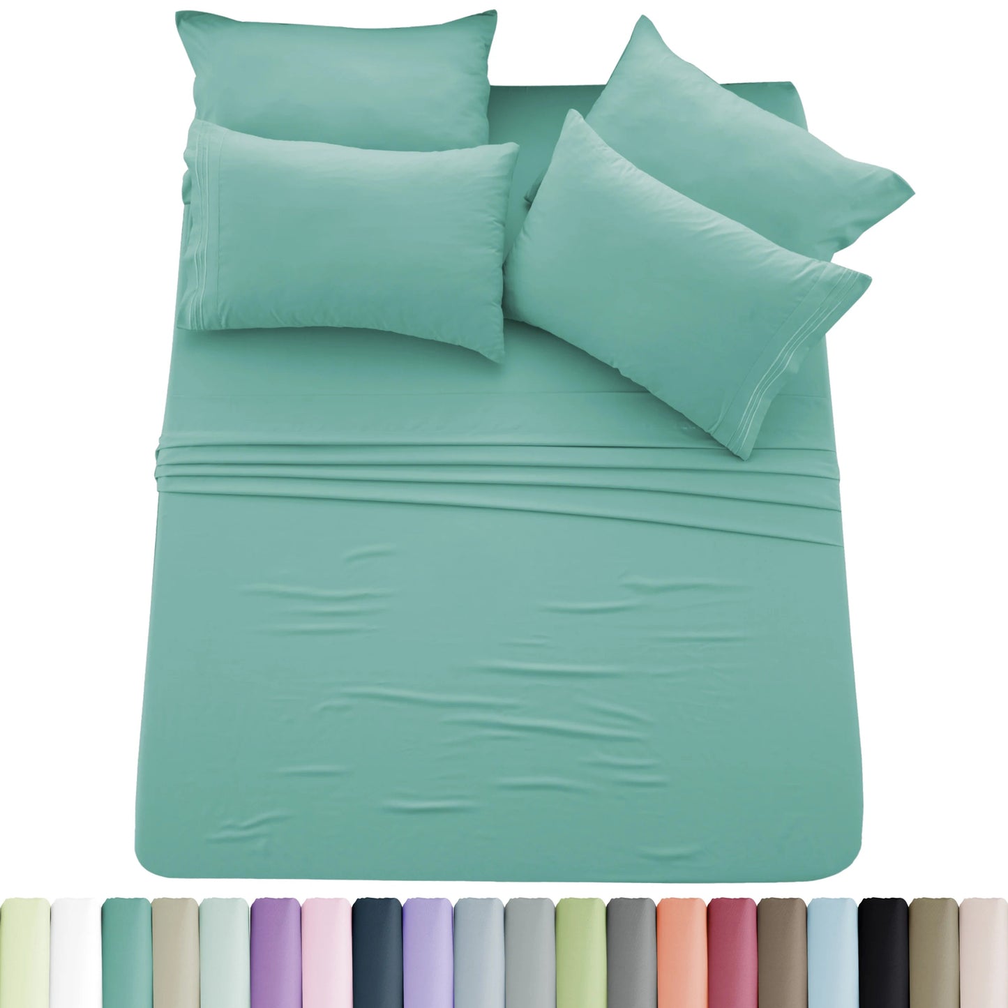 Lux Décor 6pc Solid Sheet Set - Brushed Microfiber Bed Sheets 16 Inches Deep Pockets - Embroidered & Plain Pillowcases - Blu Lotus Boutique
