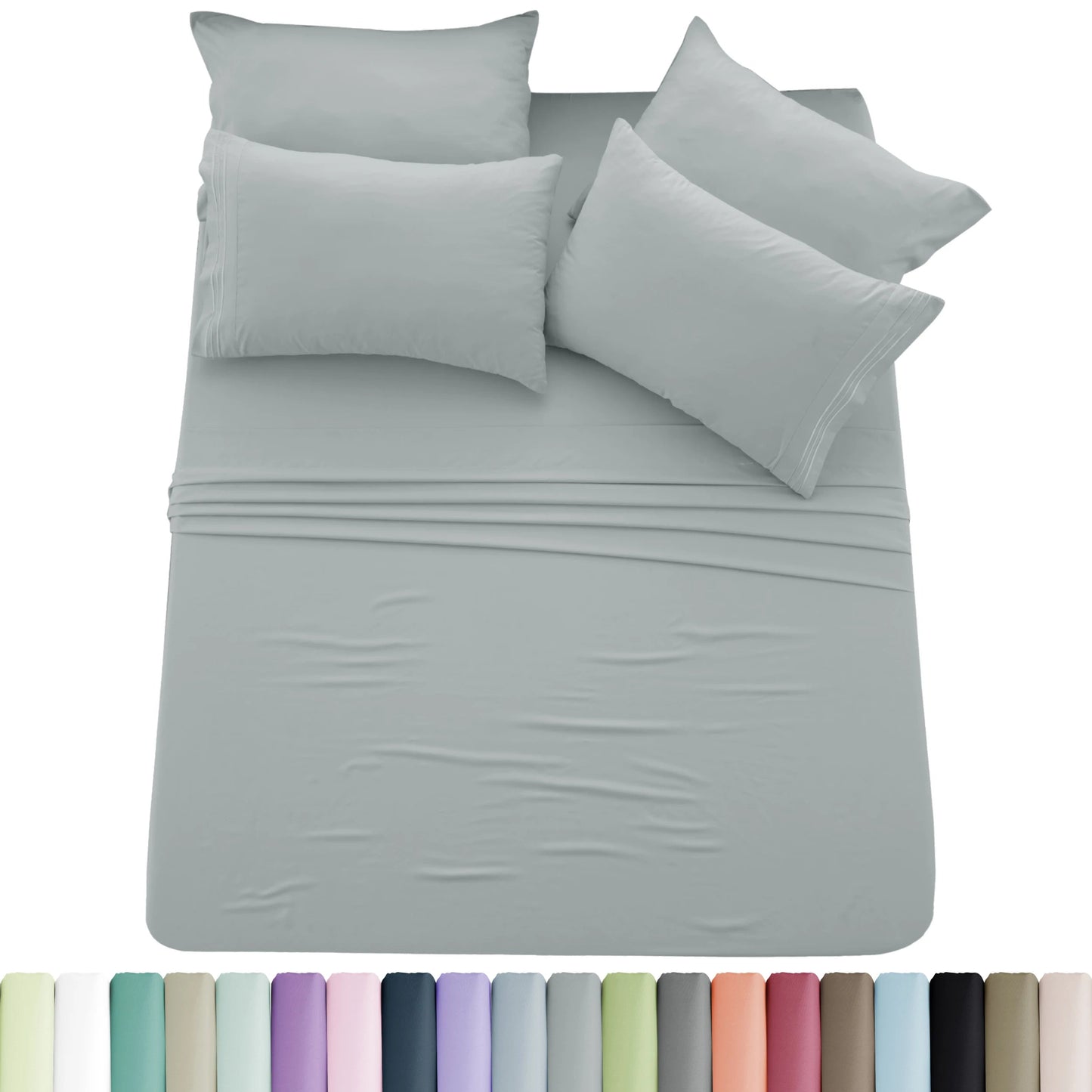 Lux Décor 6pc Solid Sheet Set - Brushed Microfiber Bed Sheets 16 Inches Deep Pockets - Embroidered & Plain Pillowcases - Blu Lotus Boutique