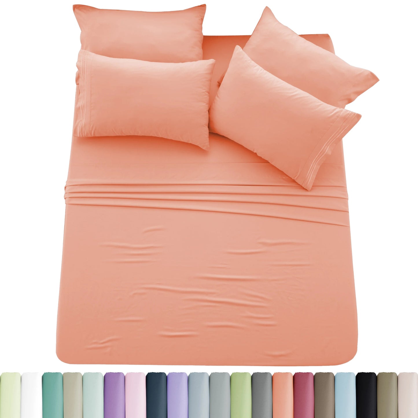 Lux Décor 6pc Solid Sheet Set - Brushed Microfiber Bed Sheets 16 Inches Deep Pockets - Embroidered & Plain Pillowcases - Blu Lotus Boutique
