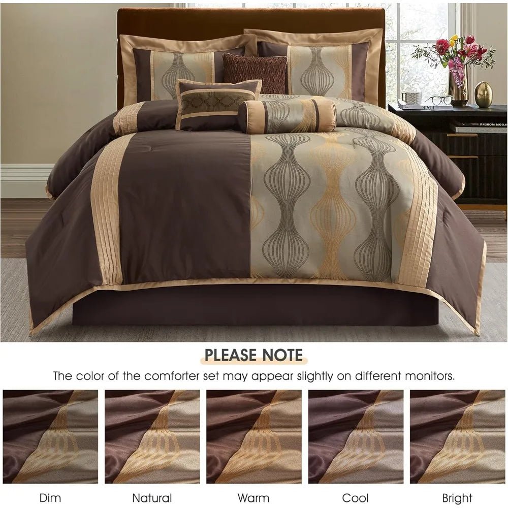 Luxury 7 - Piece Brown Jacquard Comforter Set with Solid Piecework and Bed Accessories - Blu Lotus Boutique