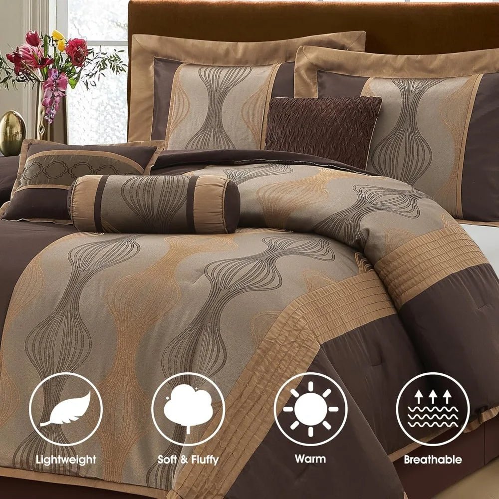 Luxury 7 - Piece Brown Jacquard Comforter Set with Solid Piecework and Bed Accessories - Blu Lotus Boutique