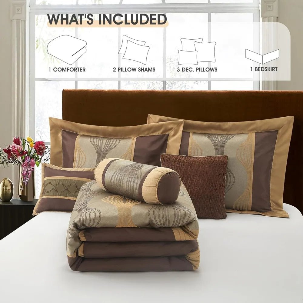 Luxury 7 - Piece Brown Jacquard Comforter Set with Solid Piecework and Bed Accessories - Blu Lotus Boutique