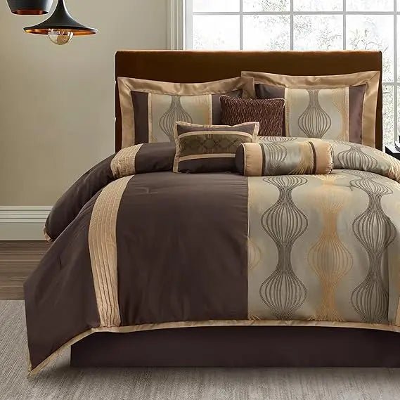 Luxury 7 - Piece Brown Jacquard Comforter Set with Solid Piecework and Bed Accessories - Blu Lotus Boutique