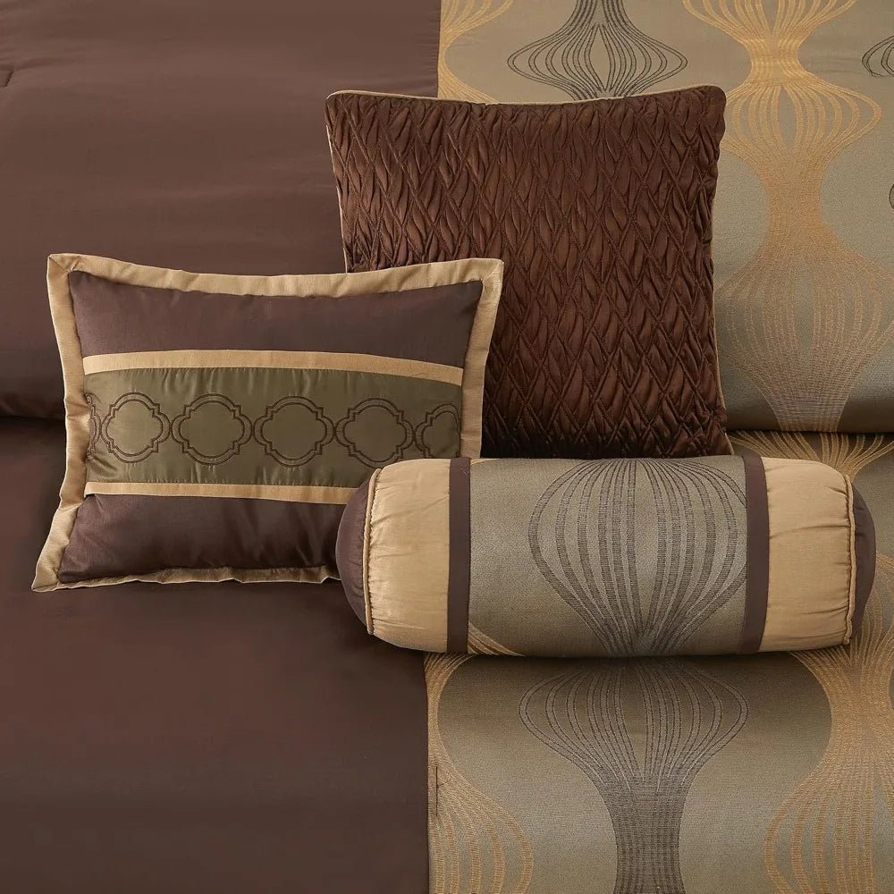 Luxury 7 - Piece Brown Jacquard Comforter Set with Solid Piecework and Bed Accessories - Blu Lotus Boutique
