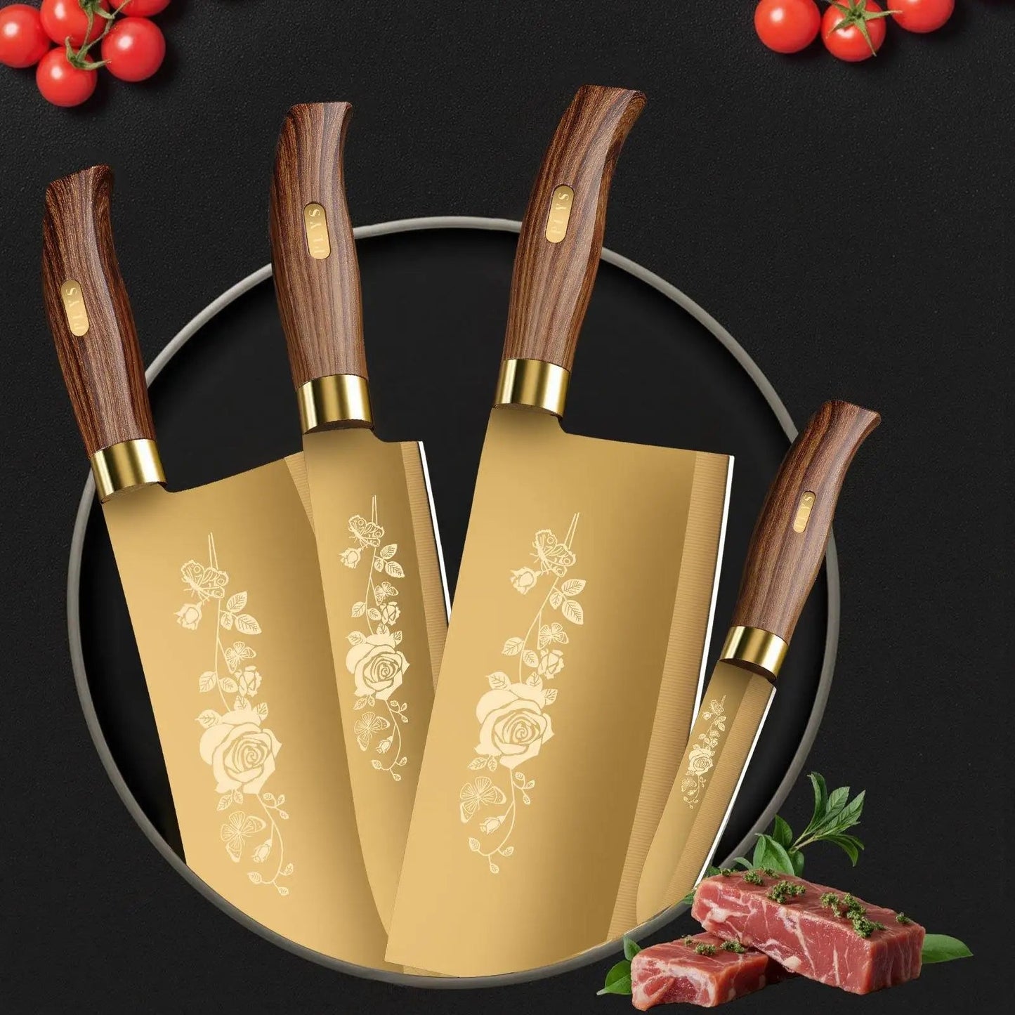 Luxury Gold Kitchen Knife Set - 4 - Piece Stainless Steel Blades with Titanium Plating. Ergonomic Handles. High - Performance Knives - Blu Lotus Boutique