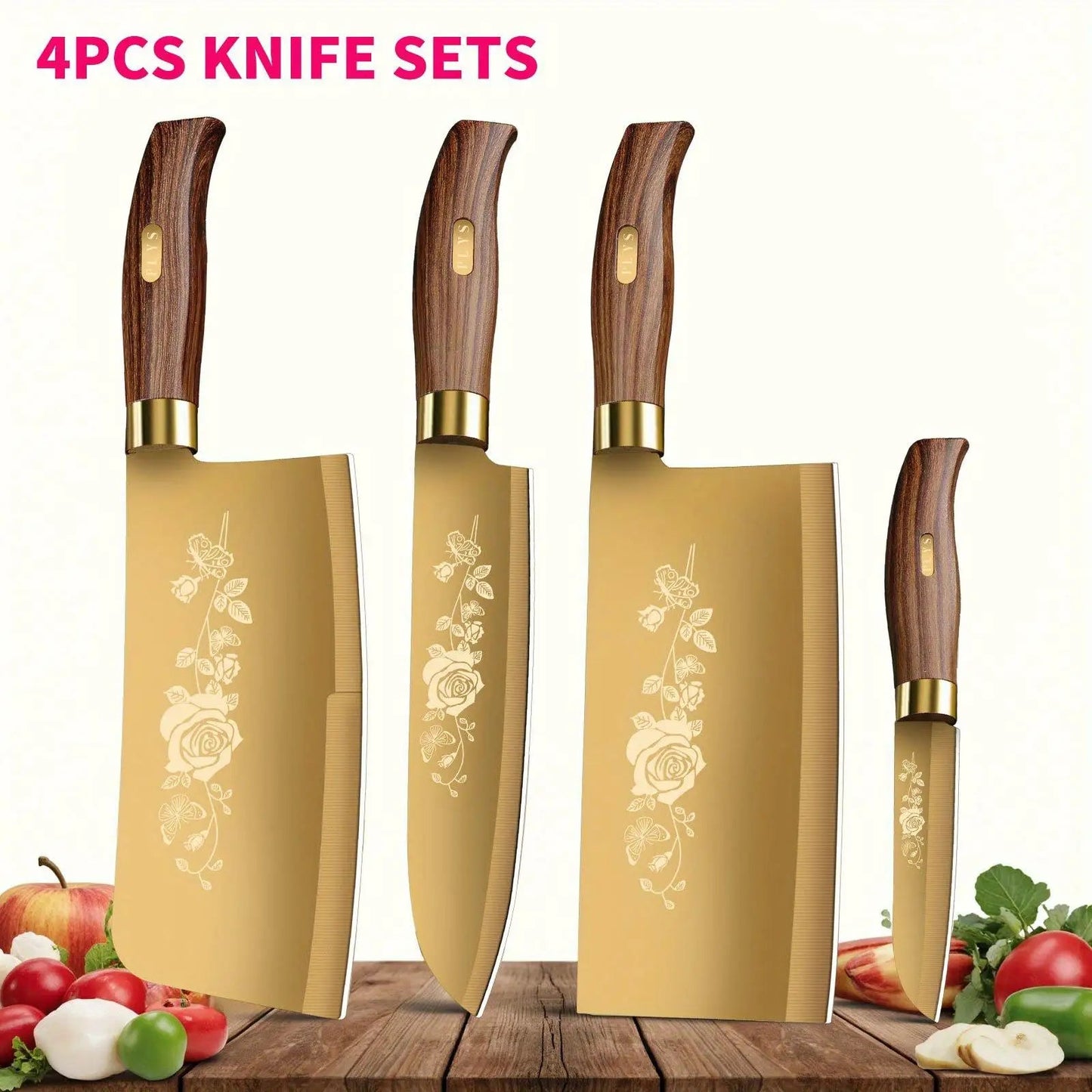 Luxury Gold Kitchen Knife Set - 4 - Piece Stainless Steel Blades with Titanium Plating. Ergonomic Handles. High - Performance Knives - Blu Lotus Boutique