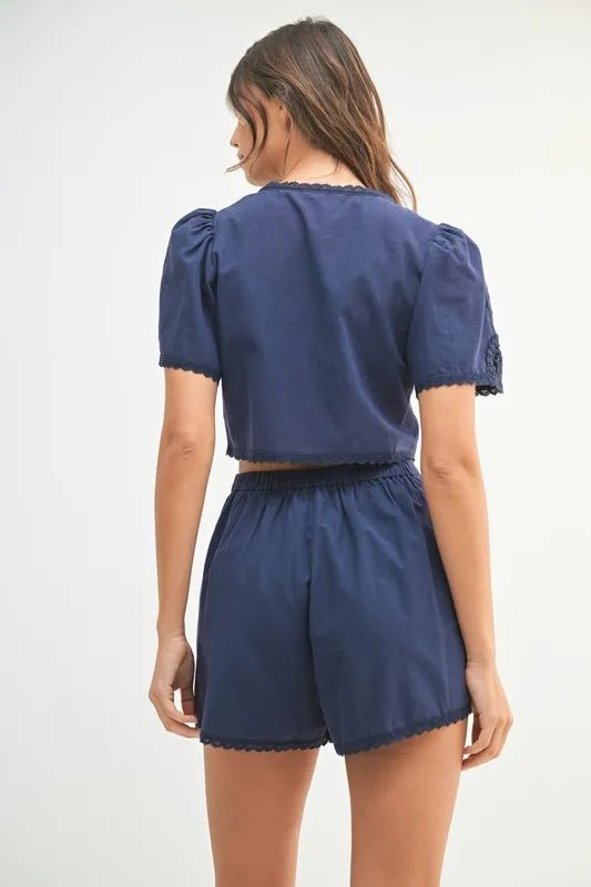 MABLE Crochet Lace Detail Crop Top and Shorts Set - Blu Lotus Boutique