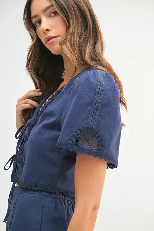 MABLE Crochet Lace Detail Crop Top and Shorts Set - Blu Lotus Boutique