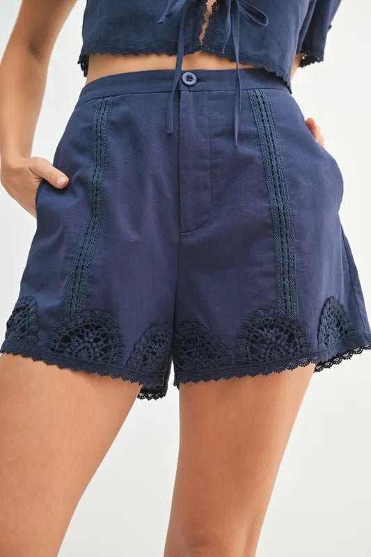 MABLE Crochet Lace Detail Crop Top and Shorts Set - Blu Lotus Boutique