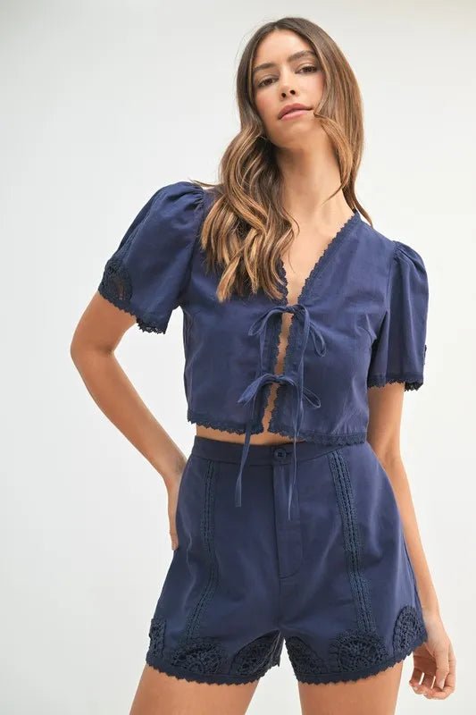 MABLE Crochet Lace Detail Crop Top and Shorts Set - Blu Lotus Boutique