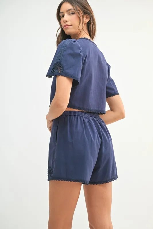 MABLE Crochet Lace Detail Crop Top and Shorts Set - Blu Lotus Boutique