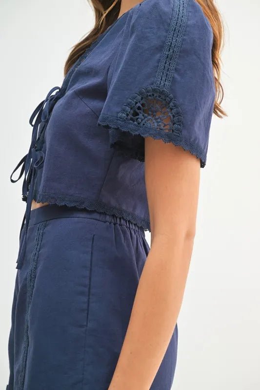 MABLE Crochet Lace Detail Crop Top and Shorts Set - Blu Lotus Boutique