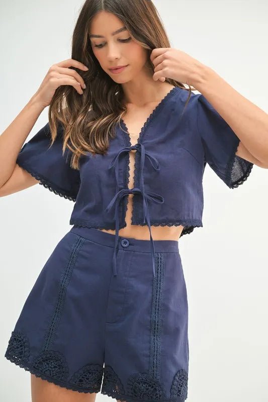 MABLE Crochet Lace Detail Crop Top and Shorts Set - Blu Lotus Boutique