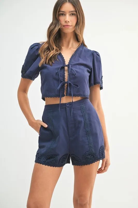 MABLE Crochet Lace Detail Crop Top and Shorts Set - Blu Lotus Boutique