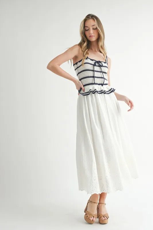 MABLE Crochet Stripe Knit Eyelet Mix Midi Dress - Blu Lotus Boutique