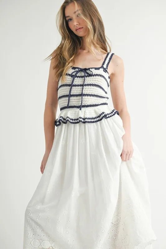 MABLE Crochet Stripe Knit Eyelet Mix Midi Dress - Blu Lotus Boutique