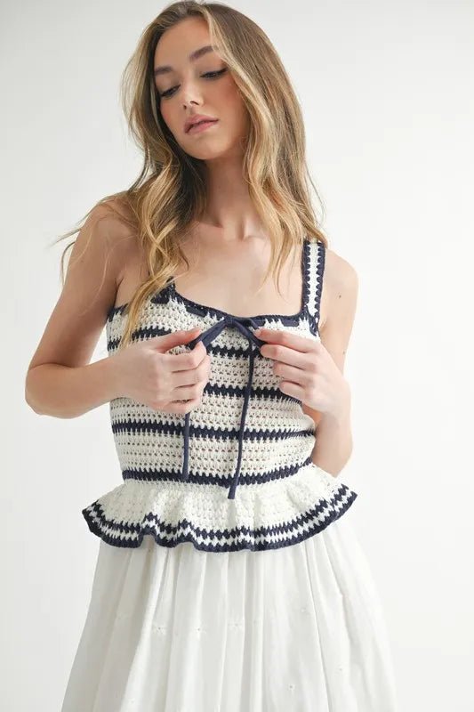 MABLE Crochet Stripe Knit Eyelet Mix Midi Dress - Blu Lotus Boutique