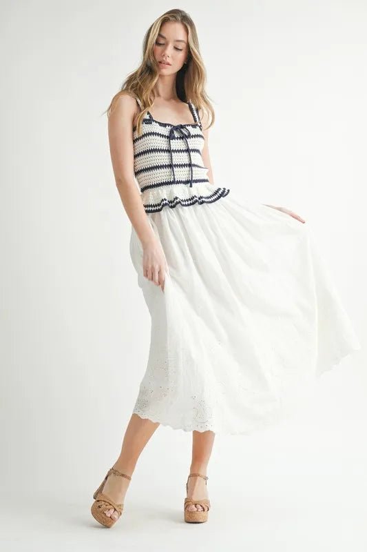 MABLE Crochet Stripe Knit Eyelet Mix Midi Dress - Blu Lotus Boutique
