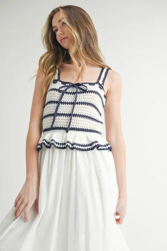 MABLE Crochet Stripe Knit Eyelet Mix Midi Dress - Blu Lotus Boutique