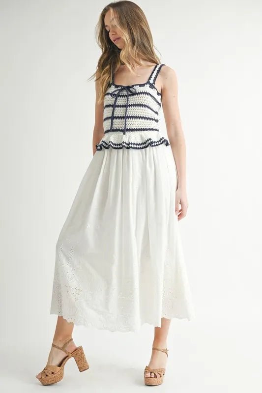 MABLE Crochet Stripe Knit Eyelet Mix Midi Dress - Blu Lotus Boutique
