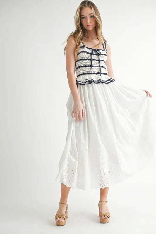 MABLE Crochet Stripe Knit Eyelet Mix Midi Dress - Blu Lotus Boutique