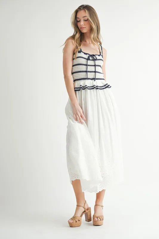 MABLE Crochet Stripe Knit Eyelet Mix Midi Dress - Blu Lotus Boutique